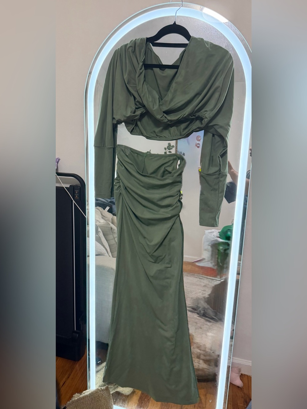 Draped Ruched Maxi Dress in Green Like New